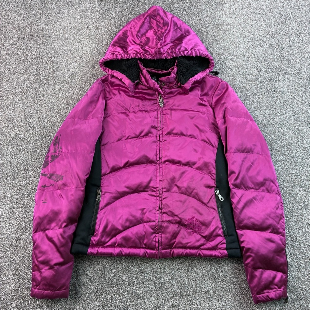 Harley Davidson Puffer Jacket Women's M Pink Down Hooded Biker Embroidered